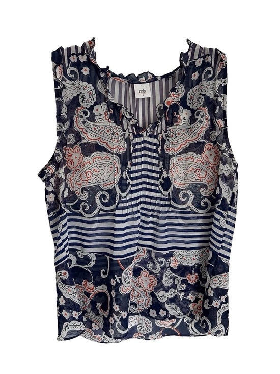 CAbi Tops - Cabi Floral Paisley Peplum Striped Sheer Ruffle Pleated Top Womens S Boho #5349